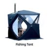 A black colored, insulated fishing tent with stove, displayed with its two doors opened and a wood stool inside.