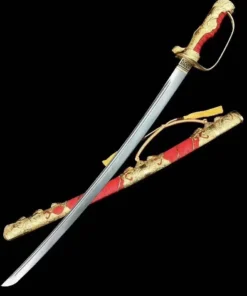 A Kyu Gunto Japanese officer sword, displayed crossed against its decorative scabbard.