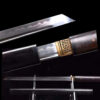 A short Katana sword and its scabbard, presented in Shirasaya on a small sword stand, with product highlights above.
