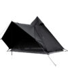 A black colored pyramid tent with its large fron awning erected.
