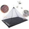 A travel mosquito net displayed covering a black sleeping mattress, along with product highlights and three mosquitoes flying above.