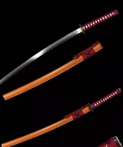 A 1095 steel sword displayed next to its scabbard, with a second Katana shown sheathed.