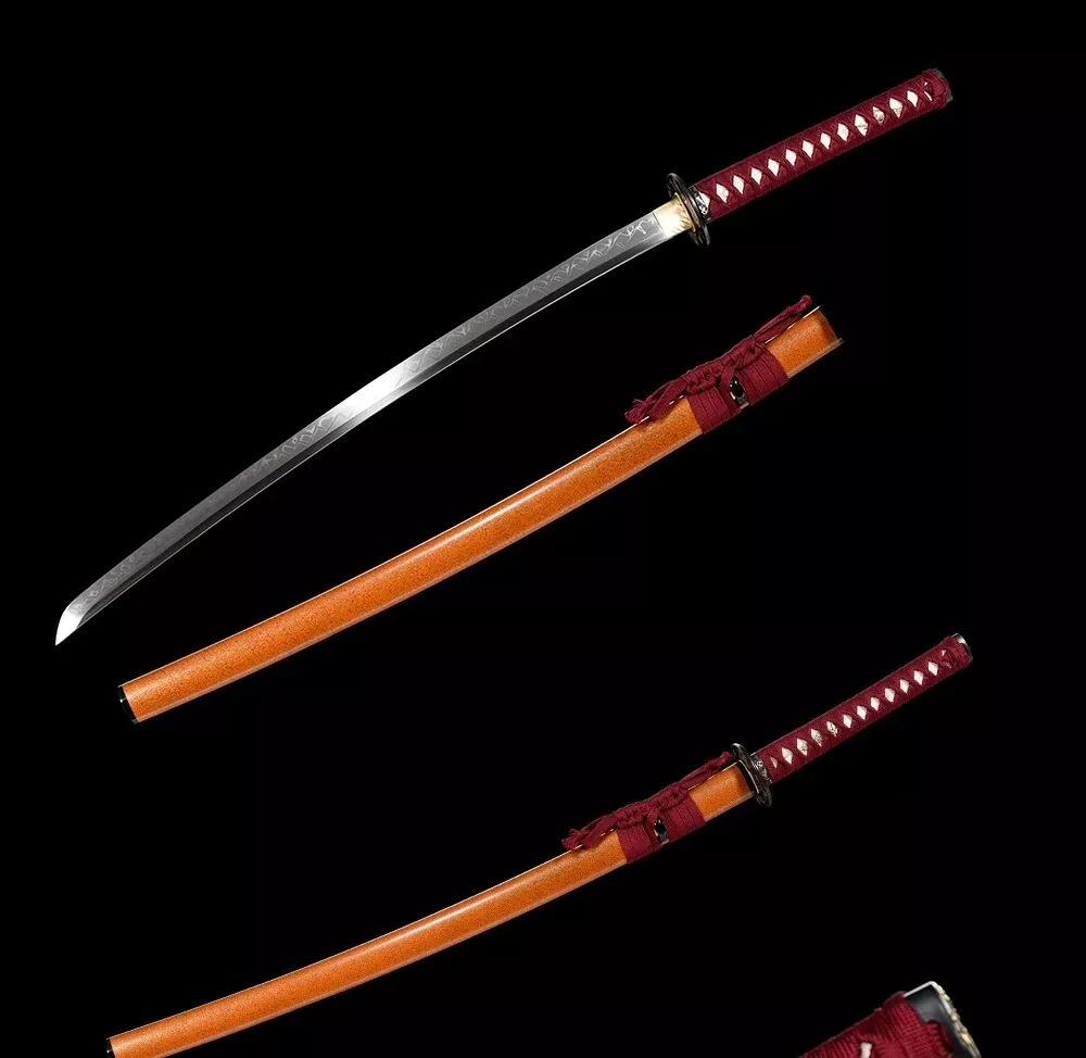 1095 Steel Sword A 1095 steel sword displayed next to its scabbard, with a second Katana shown sheathed.