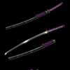 A purple Katana sword saber displayed next to its black scabbard.