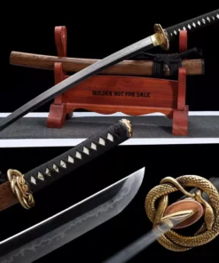 A Wakizashi Samurai short sword, displayed next its wood scabbard, on a small wooden sword-stand.