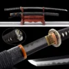 A black Katana sword and its scabbard displayed on a small wooden stand, along with sword highlights shown below.
