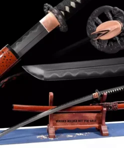 A Wootz sword Katana, displayed next to its scabbard on a wooden stand, along with Katana highlights above.