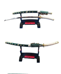 A Tachi flowing curved sword displayed next to its scabbard, on a small wooden stand, along with the same Tachi sword shown below sheathed.