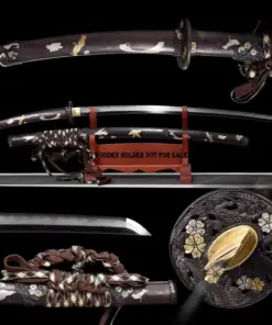 A great Japanese Nodachi sword, displayed on a wooden stand, alongside its scabbard, with sword highlights below.