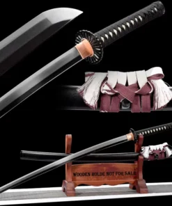 A 2 handed Katana displayed alongside its scabbard on a wooden sword stand, along with sword highlights above.