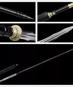 A wavy bladed spear weapon, displayed next to its scabbard, along with weapon high-lights above.