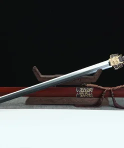 A Chinese double edged sword displayed next to its decorated scabbard, on a small wooden sword-stand.