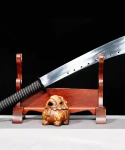 A Chinese ring sword displayed leaning against a small wooden sword-stand.