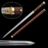 A straight, double edge sword Jian, displayed next to its wooden scabbard.