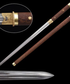 A straight, double edge sword Jian, displayed next to its wooden scabbard.
