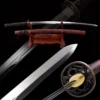 A half double edged Katana sword displayed alongside its scabbard on a wooden sword stand, along with sword highlights below.
