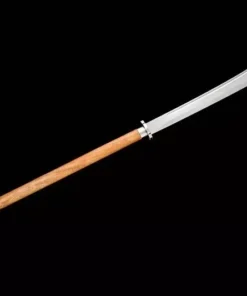 A Chinese Guandao weapon with a long wooden handle.