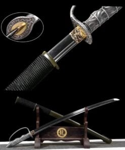 An infabtry saber sword, crossed against its scabbard, displayed on a small wooden sword stand, along with sword highlights above.