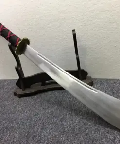 A Kandao Chinese broadsword leaning against a small wooden stand.
