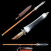 A martial arts spear displayed next to its sheath, along with a close-up of its spear head below.