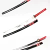 A shinken red Katana displayed alongside its scabbard, with the same sword displayed below and sheathed above.