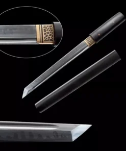 A Japanese Tanto knife with a straight, single-edged blade, displayed next to its wooden sheath.