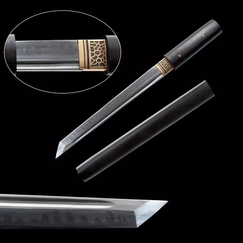 Tanto A Japanese Tanto knife with a straight, single-edged blade, displayed next to its wooden sheath.