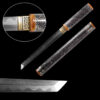 A straight, traditional Tanto knife displayed next to its sheath, along with knife highlights.