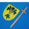 A wooden toy sword and shield, displayed side-by-side against a blue colored background.