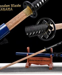 A wooden practice Katana crossed against its scabbard, displayed on a small wooden sword stand, along with sword highlights above.