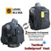 A dual purpose, backpack bulletproof vest displayed showing both the vest and the backpack, along with product information displayed.