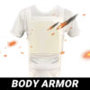 A white colored, ballastic combat shirt displayed with bullet-fire imagery.