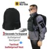 A bulletproof backpack vest worn by an Asian man, along with the same black backpack shown, with product information.