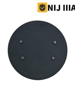 A round bulletproof riot shield, with NIJ IIIA standard information above.