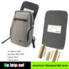 A bulletproof backback, displayed showing its ballistic plate insert and bullet rating information.