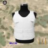 A white colored, level 3 bulletproof vest displayed on a manekin torso, along with bullet caliber information.