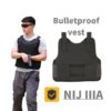 A level 3a bulletproof vest displayed, along with a man wearing the same vest, holding a hand-gun, in demonstration.