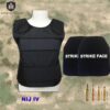 A level 4 bulletproof vest displayed on a manein torso, along with ballistic inserts and bullet cartridges to one side of the manekin.