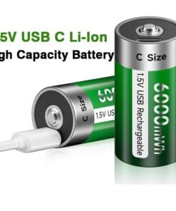 Two c cell batteries displayed, with one of the batteries plugged into USB charing cable.