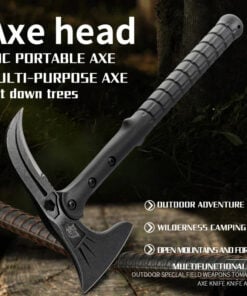 A survival hatchet with a dual sickle blade axehead, displayed cutting steel rebar, against a rock boulder.