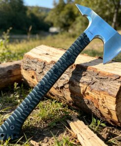 A fighting tomahawk axe, displayed leaning against a wood log, with a forest and field background.