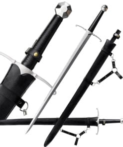A bastard hand and a half sword displayed next to its scabbard, along with sword highlights.