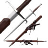 A Knight longsword with a straight, double edged blade, displayed next to its scabbard, along with sword highlights.