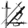 A Knightly sword displayed next to its scabbard, along with sword highlights.
