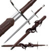 A two handed medieval longsword displayed next to its leather scabbard, along with sword highlights.