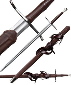 A two handed medieval longsword displayed next to its leather scabbard, along with sword highlights.