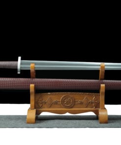 A straight, double edged Norse sword displayed next to its scabbard, on a wooden sword stand.