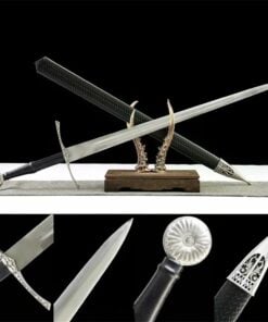 A Knights Templar sword displayed crossed against its scabbard, leaning on a deer antler stand, along with sword highlights below.