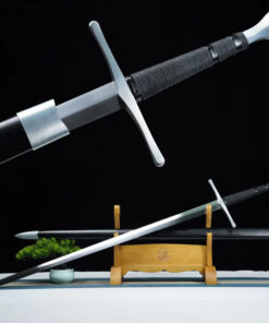 A two handed sword displayed next to its scabbard on a wooden sword stand, along with a sword highlight above.