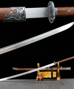 A two handed chang dao longsword, displayed on a wooden sword-stand, alongside its scabbard, with sword highlights above.